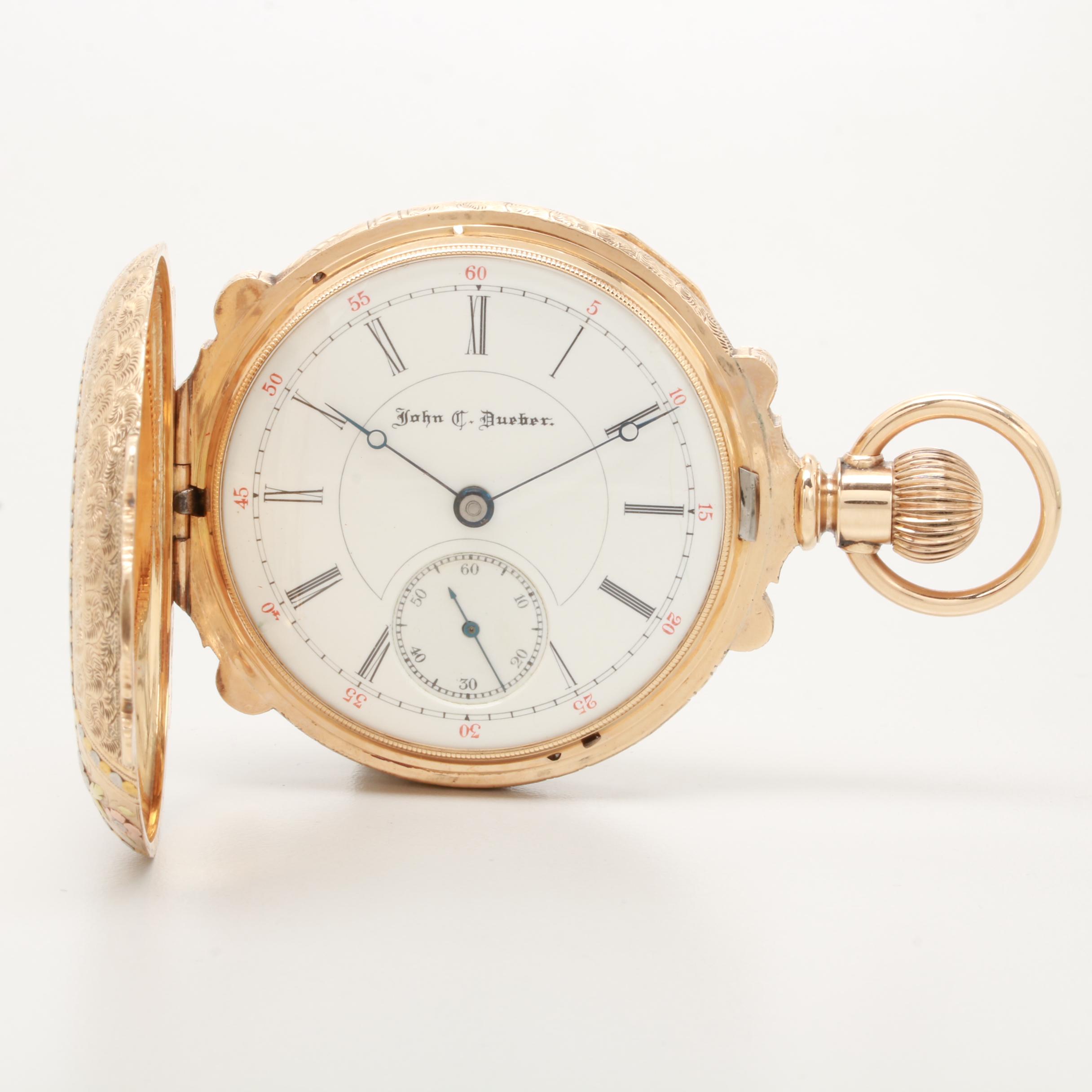 1891 John C. Dueber 14K Tri Color Gold Garnet Box Hinged Pocket Watch