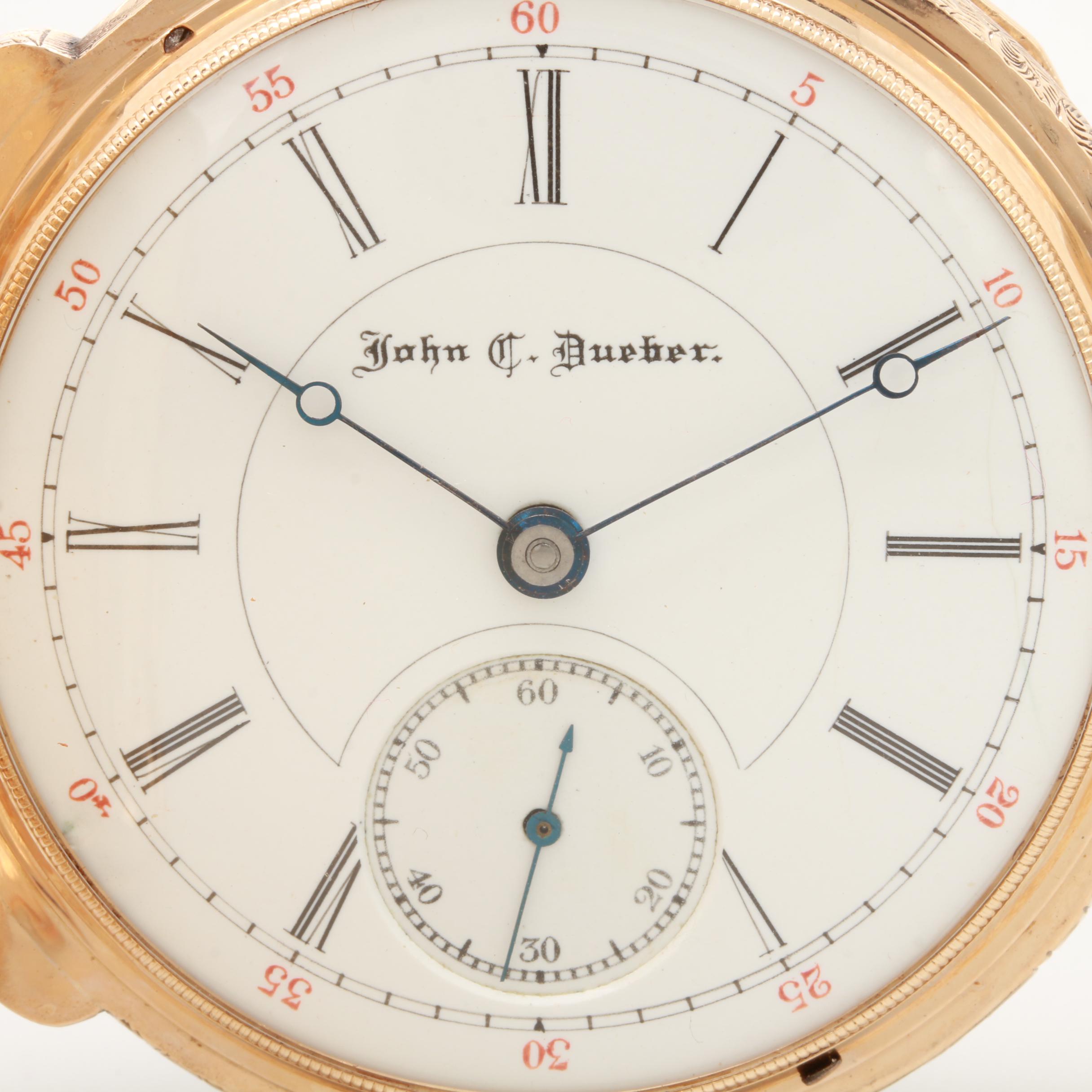 1891 John C. Dueber 14K Tri Color Gold Garnet Box Hinged Pocket Watch