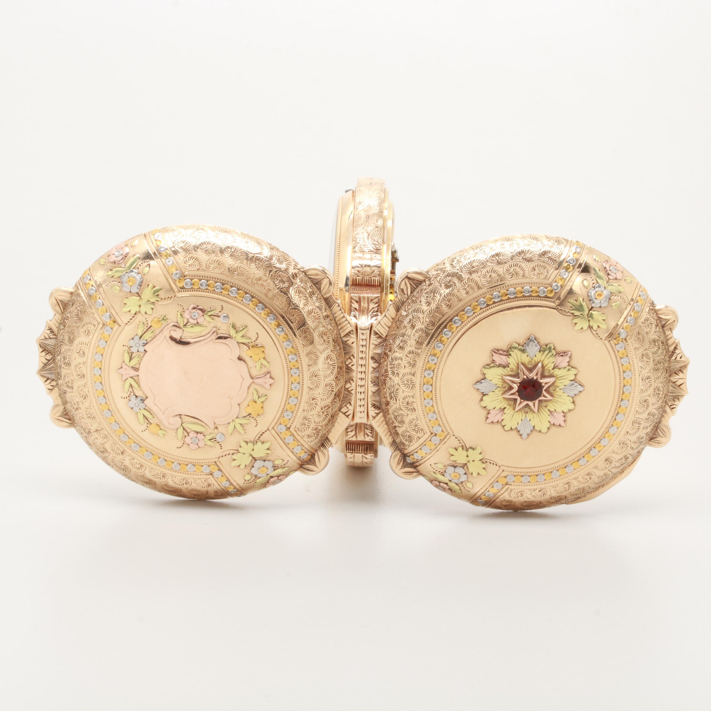 1891 John C. Dueber 14K Tri Color Gold Garnet Box Hinged Pocket Watch