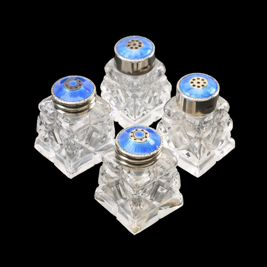 Norwegian Glass Condiment Shaker Sets with Guilloché Enameled Sterling Lids