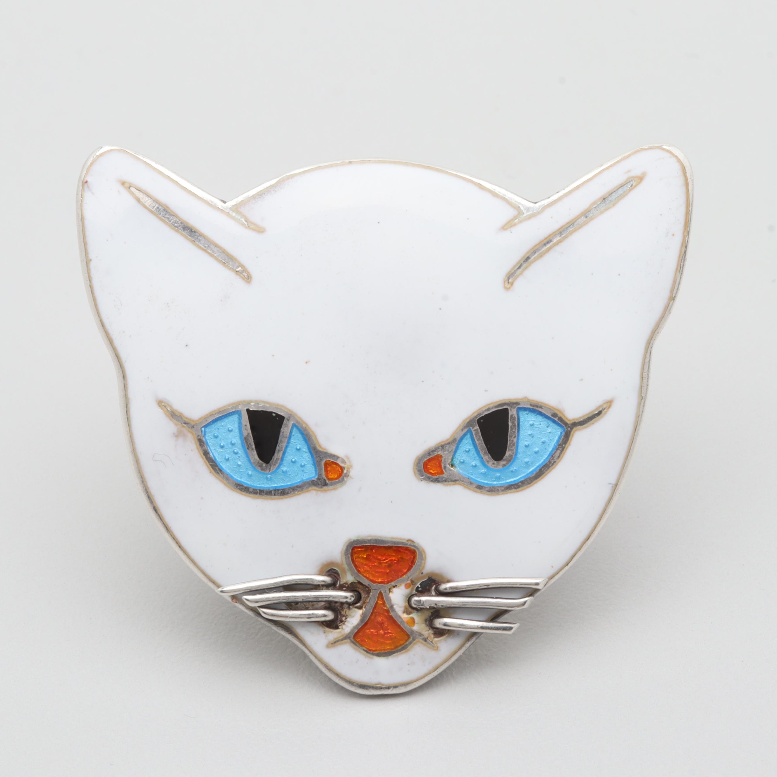 Margot de Taxco Sterling Silver Enamel Cat Motif Brooch