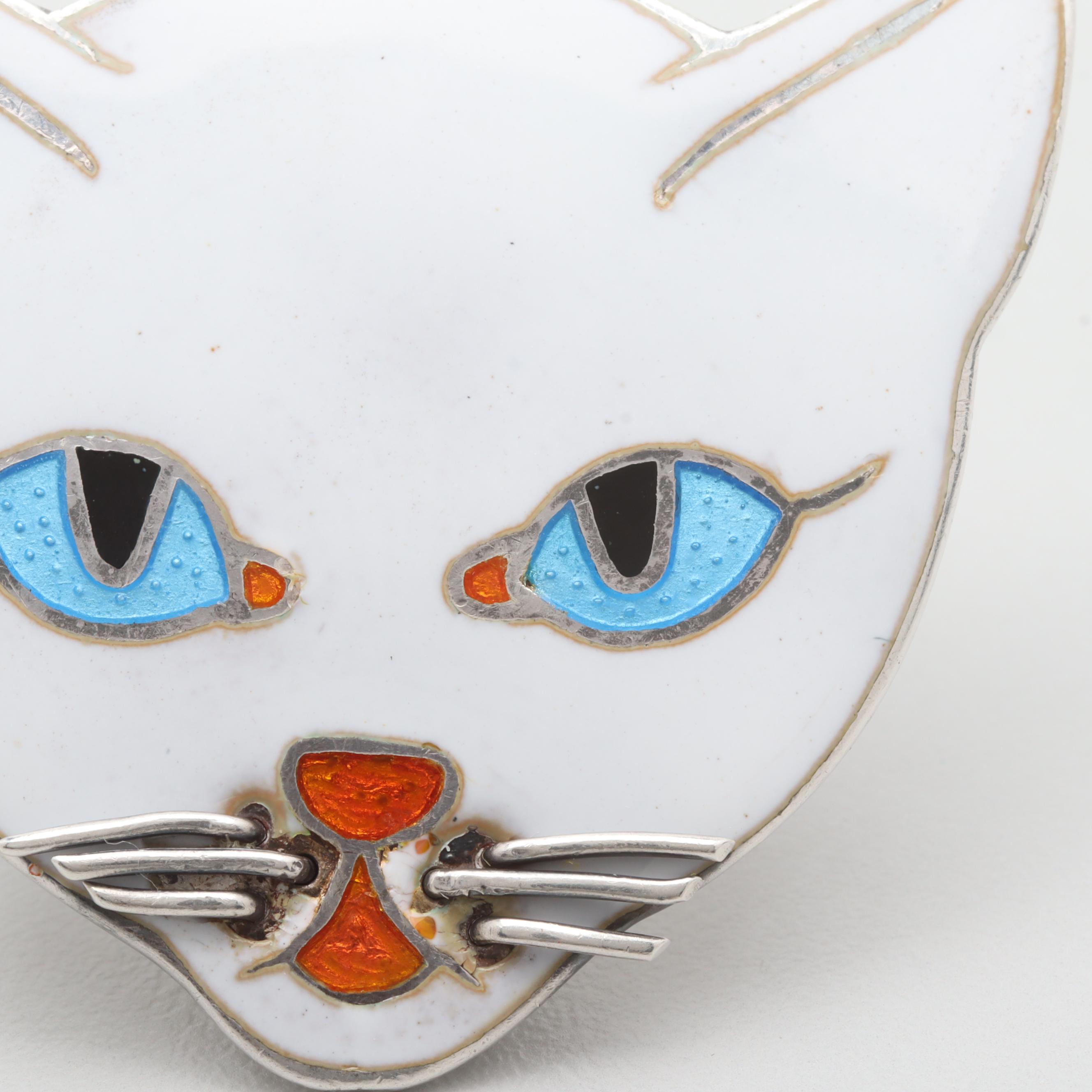 Margot de Taxco Sterling Silver Enamel Cat Motif Brooch