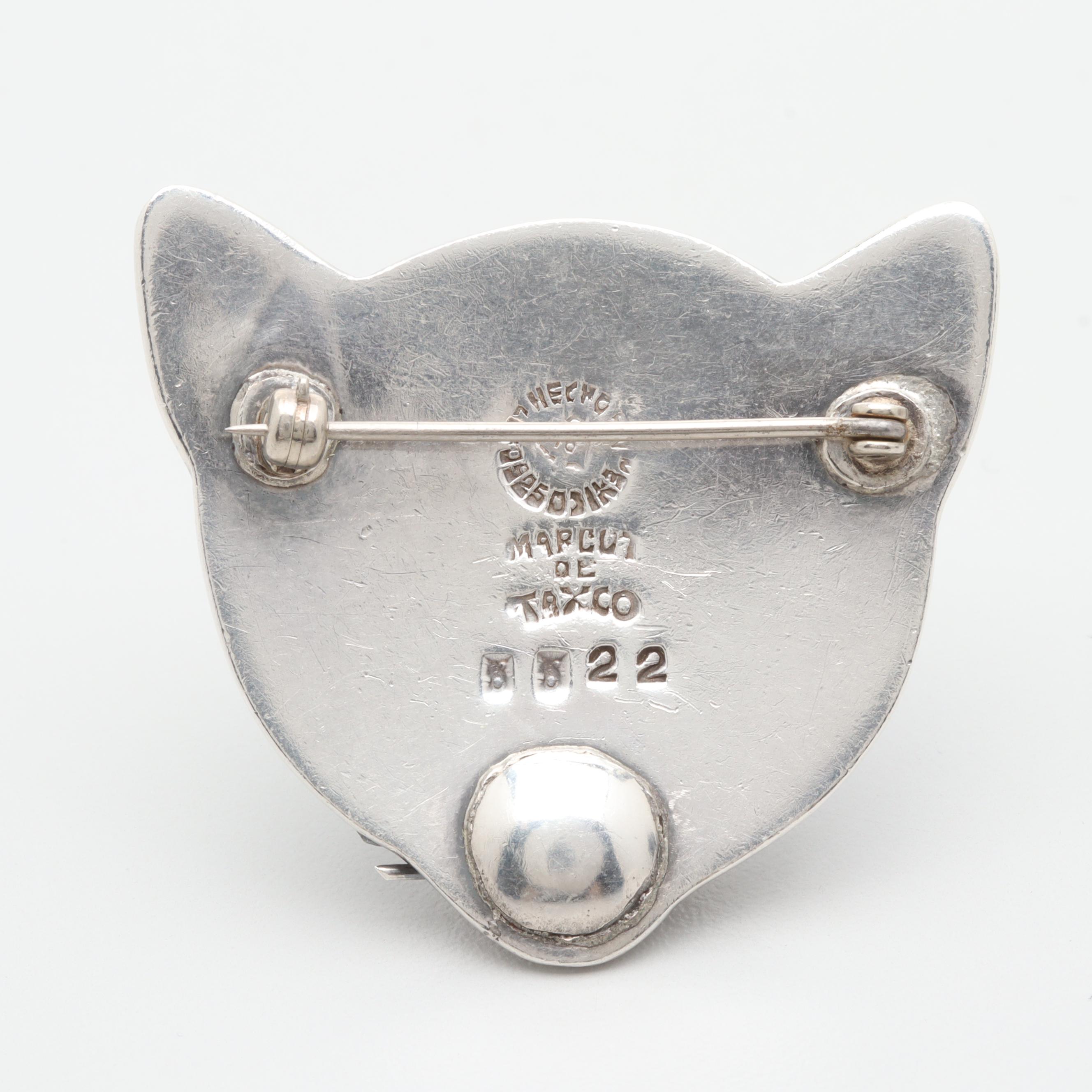 Margot de Taxco Sterling Silver Enamel Cat Motif Brooch