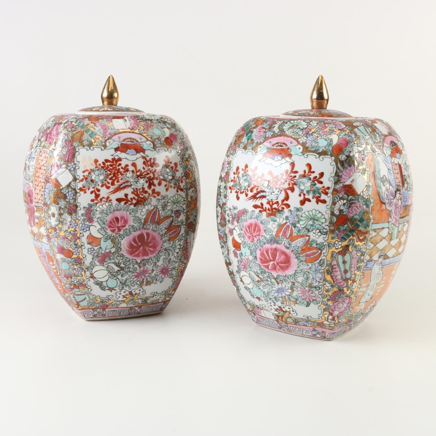 Chinese "Rose Medallion" Ceramic Melon Jars
