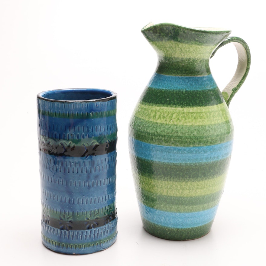 Italian Pottery Vase and Pitcher In the Style of Londi