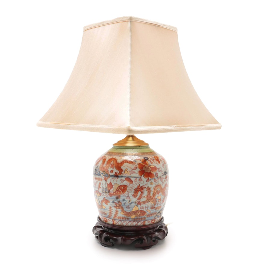 Chinese Porcelain Table Lamp with Beige Silk Shade