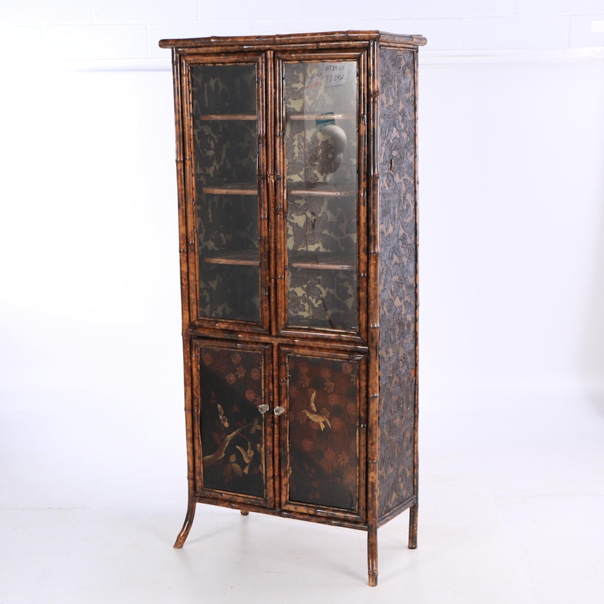 Chines Inspired Wood and Bamboo Cabinet with Embossed Paper Panels, 20th Century