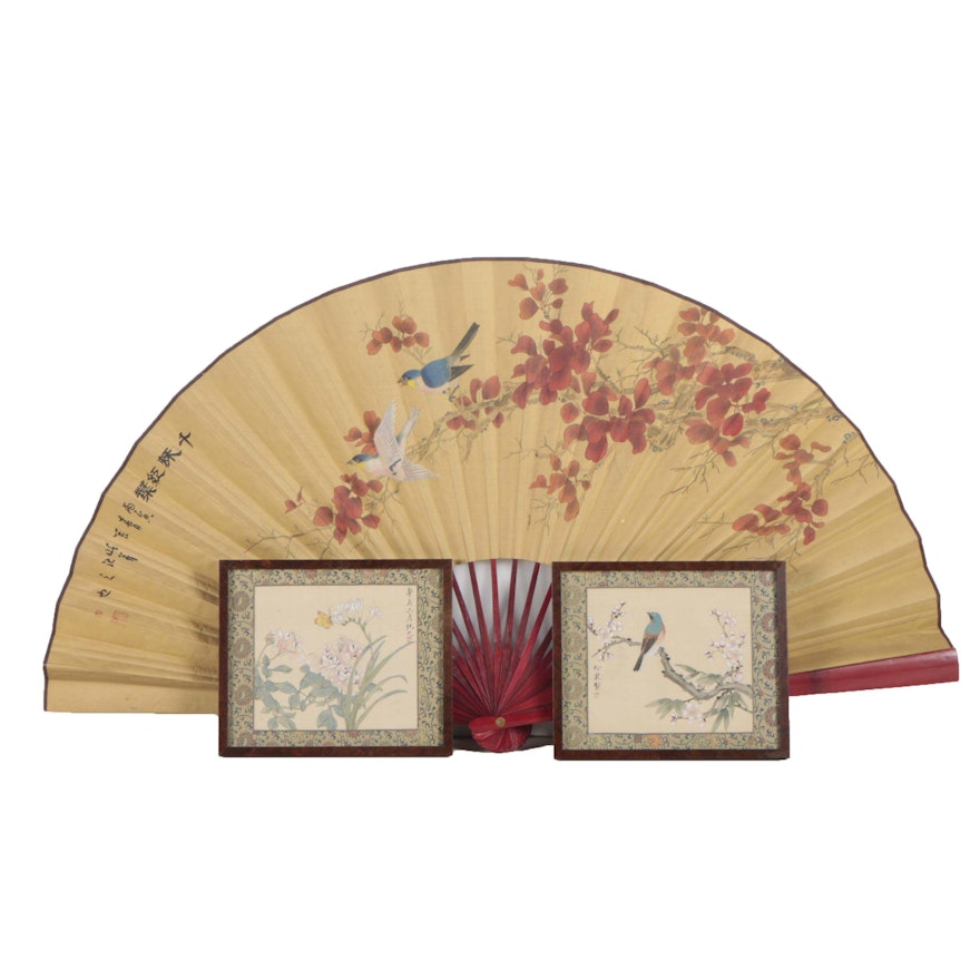 Chinese Watercolor and Gouache Paintings and Oversize Fan