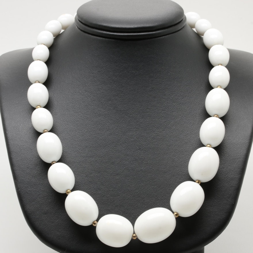 Silver Tone White Plastic Bead Necklace
