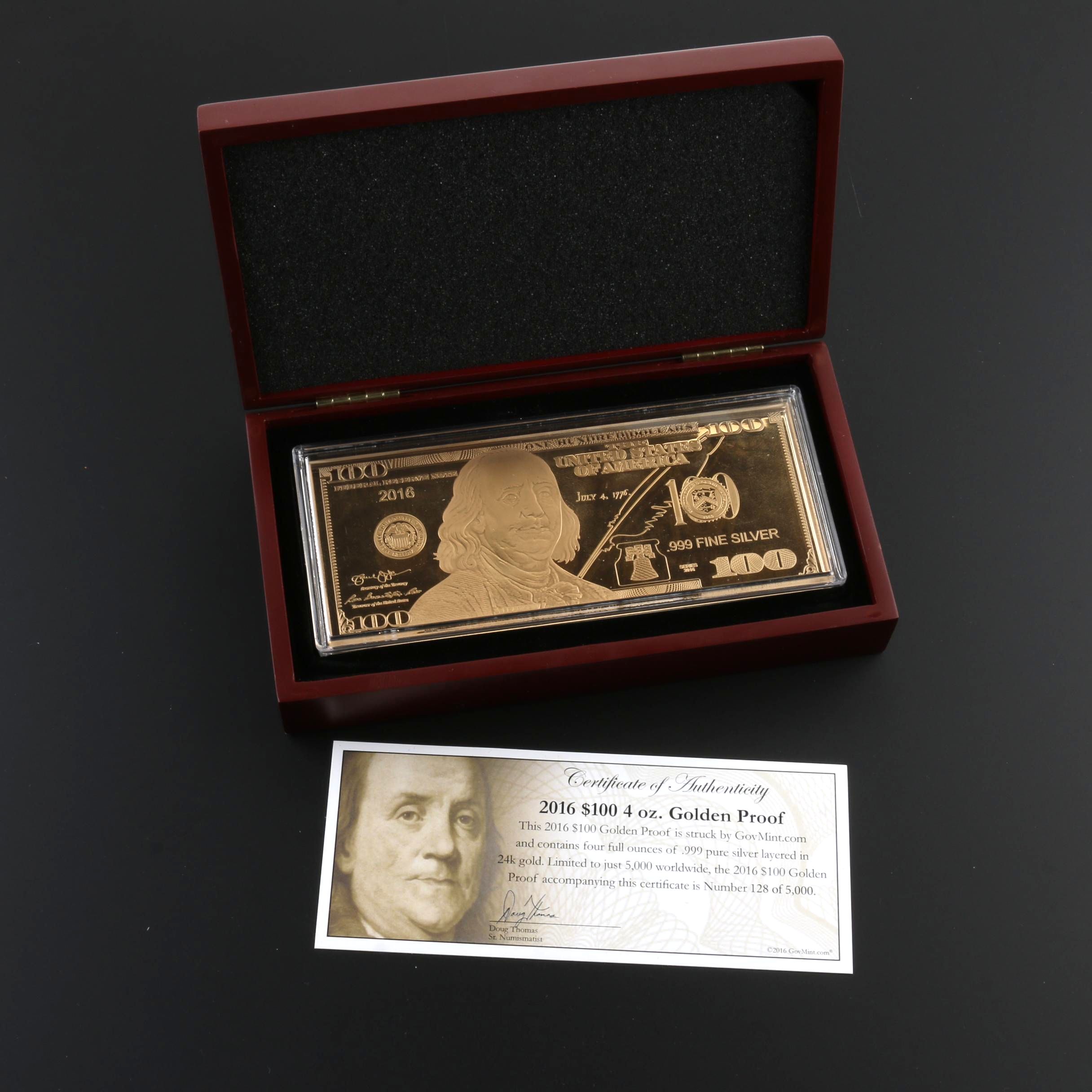 Limited Edition 2016 $100 Bill 4 Ounce Gold Plated Silver Proof