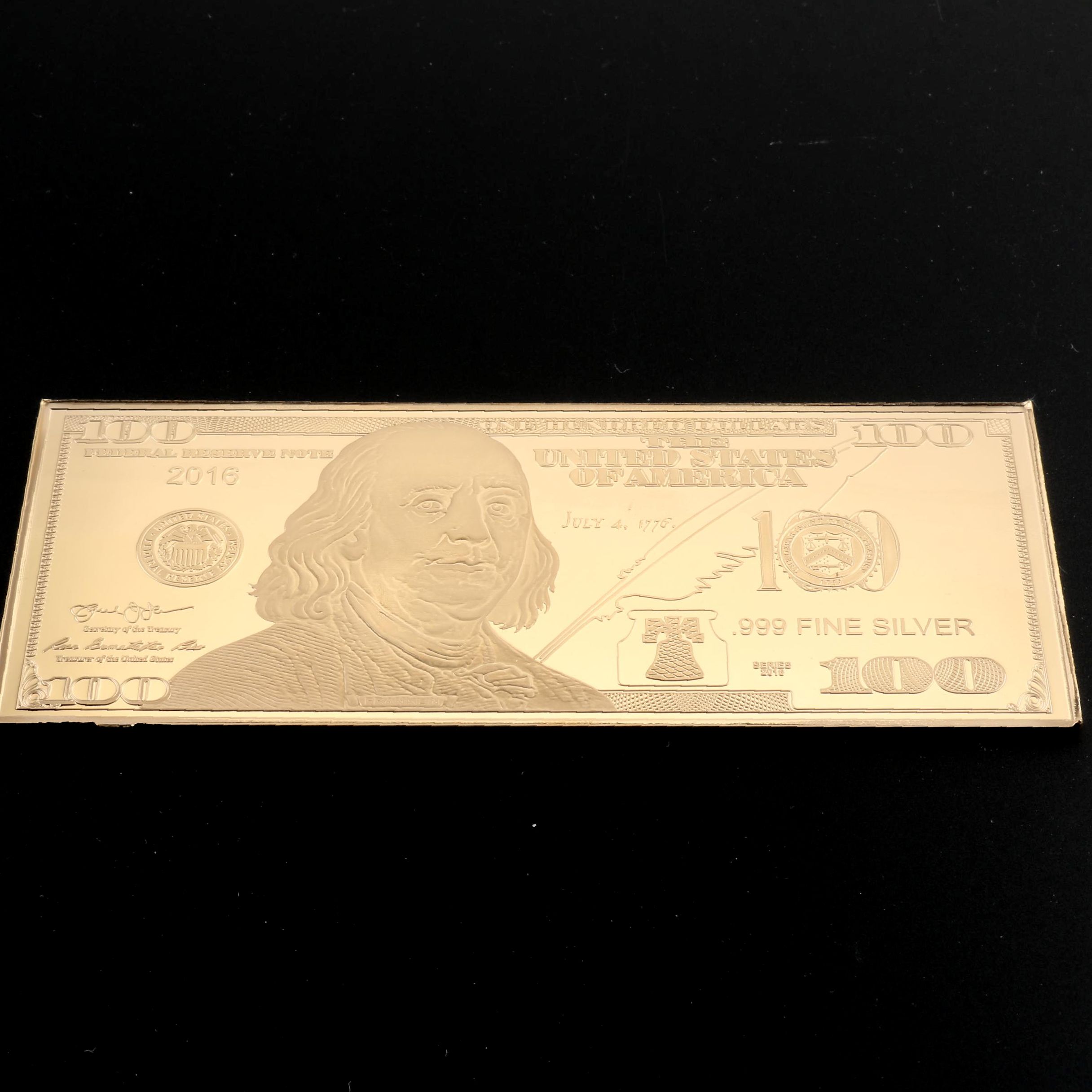 Limited Edition 2016 $100 Bill 4 Ounce Gold Plated Silver Proof