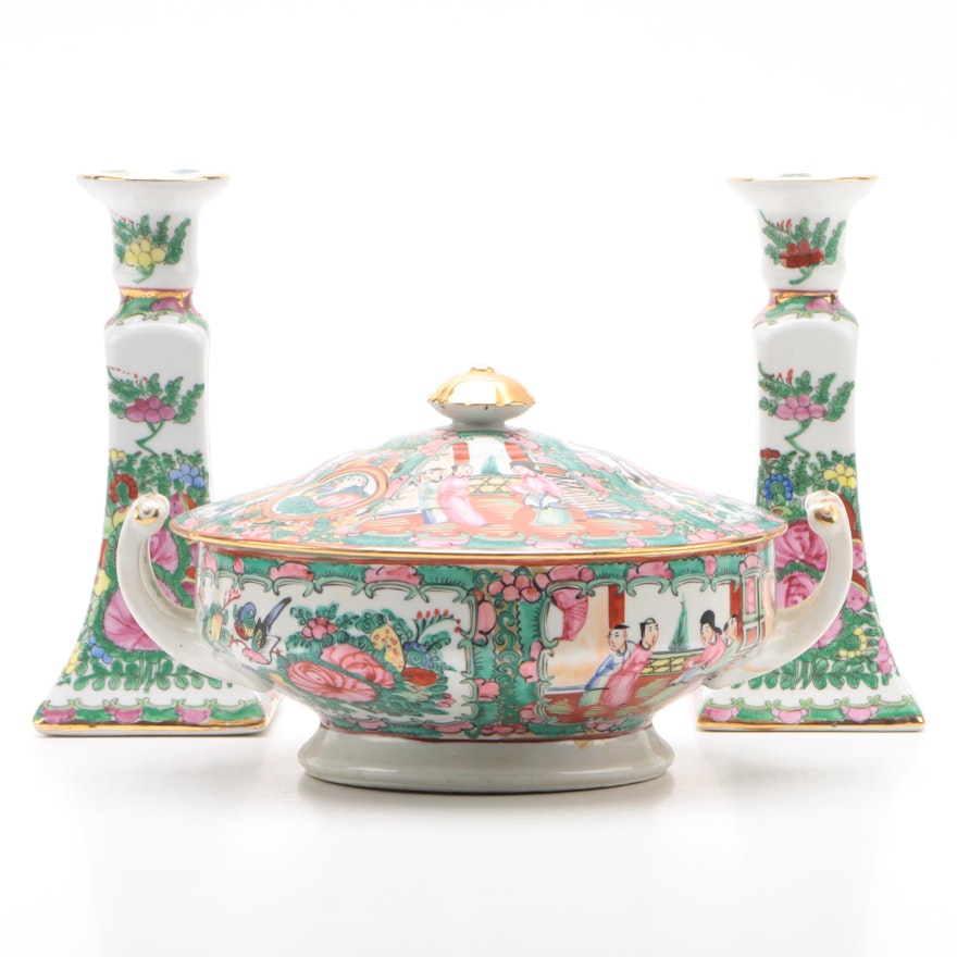 Chinese "Rose Medallion" Porcelain Candlesticks with Decorative Lidded Tureen