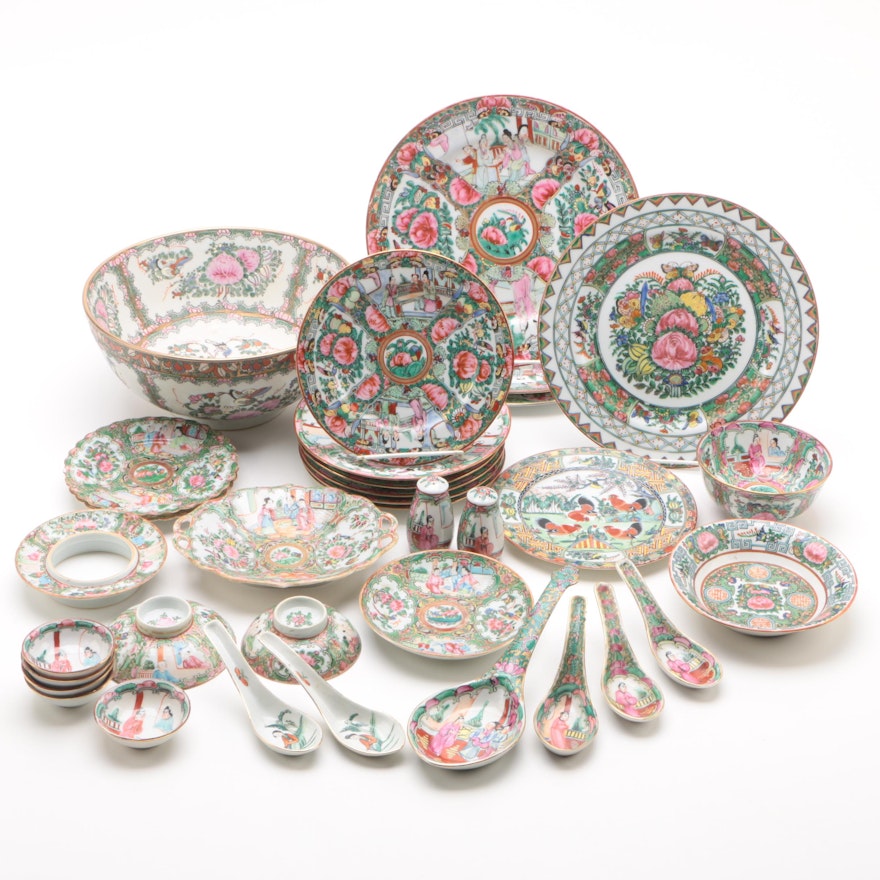 Chinese "Rose Medallion" and "Rose Canton" Hand-Painted  Porcelain Dinnerware