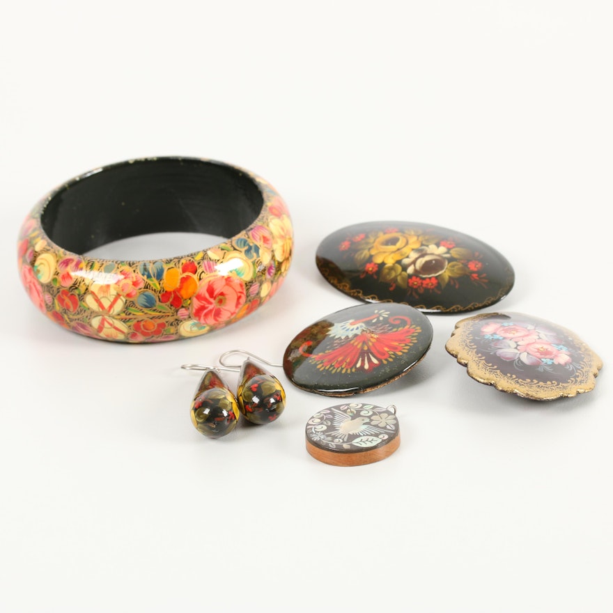 Russian Lacquerware Assortment Including Brooches, Lacquer, and Abalone