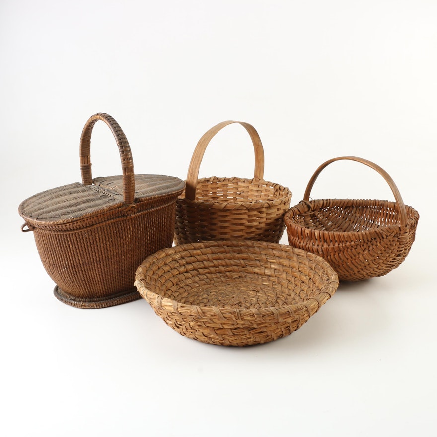 Vintage Picnic and Handled Baskets with Woven Bowl