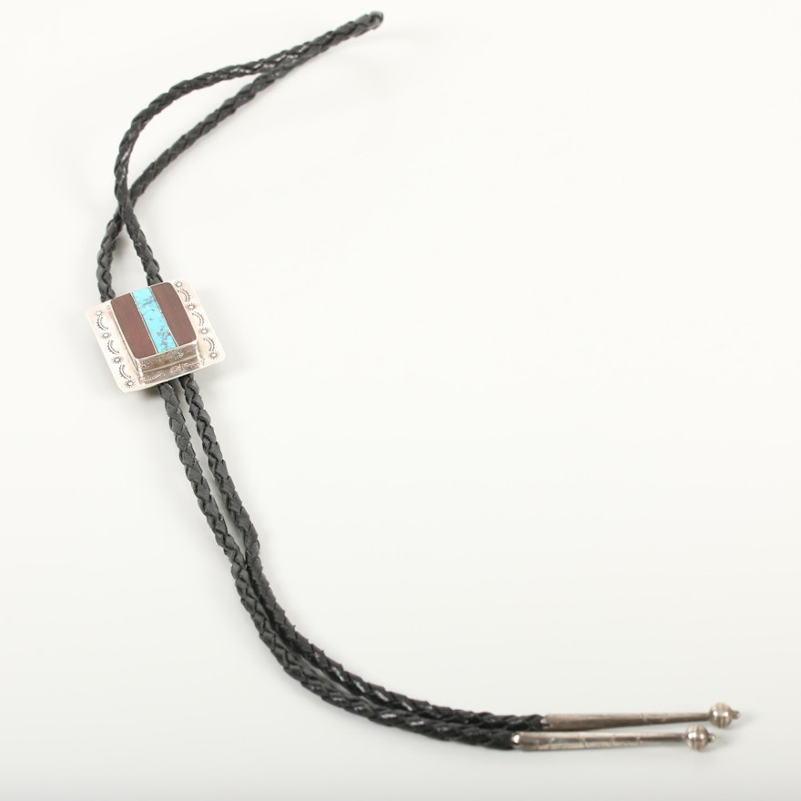 Southwestern Style Sterling Silver Turquoise and Wood Bolo Tie