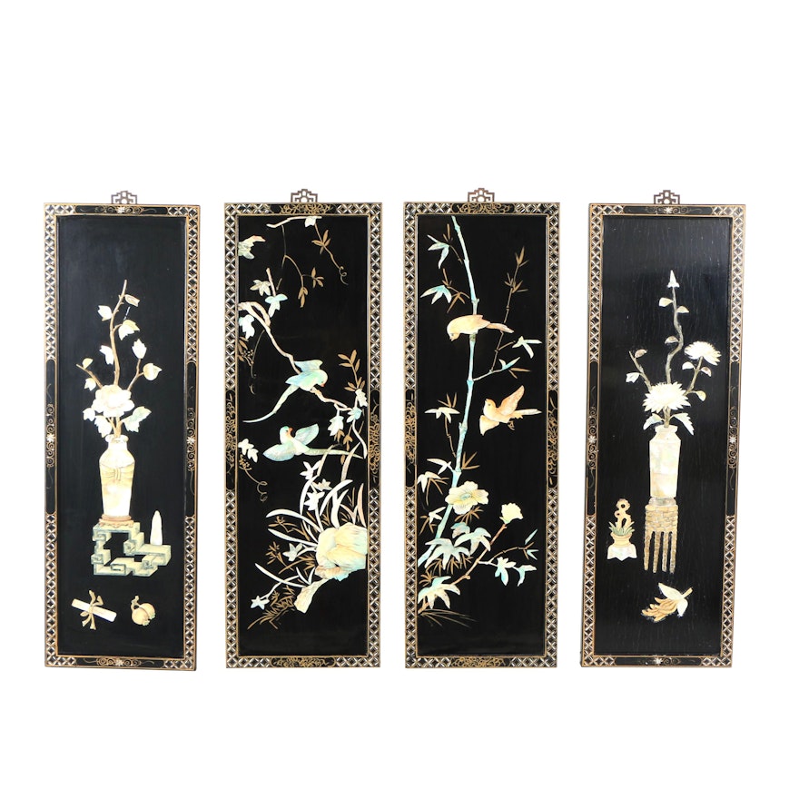 Chinese Black Lacquer Panels with Mother of Pearl Inlay