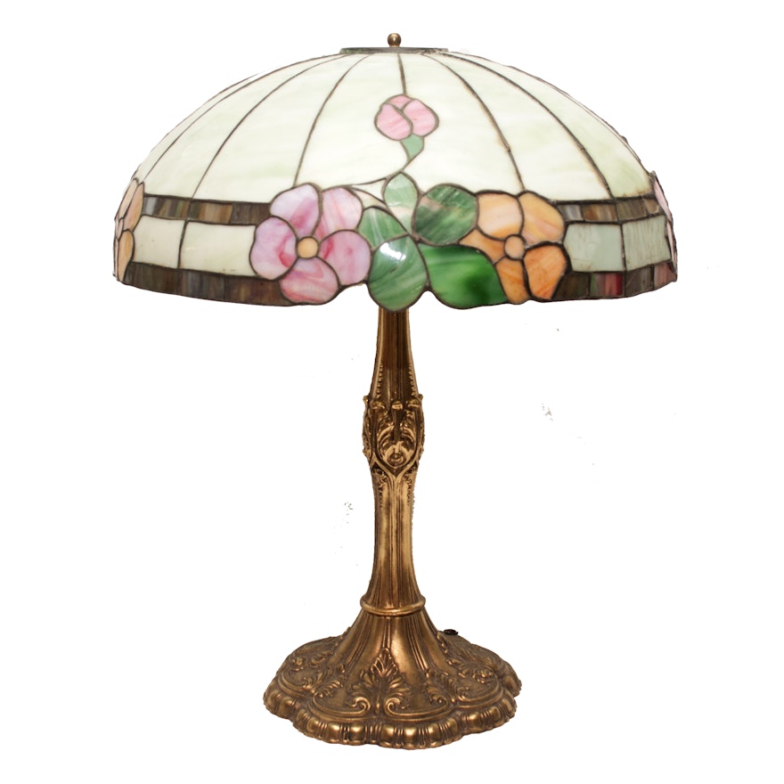 Loevsky & Loevsky Brass Table Lamp with Stained Glass Shade