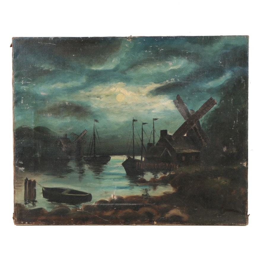 Vintage Oil Painting of Moonlit Harbor Scene