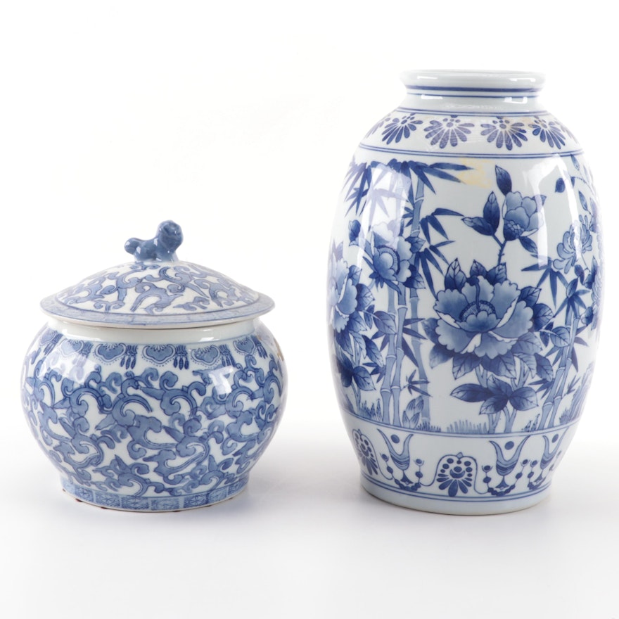 Ethan Allen Blue on White Ceramic Covered Pot with Chinese Blue on White Vase