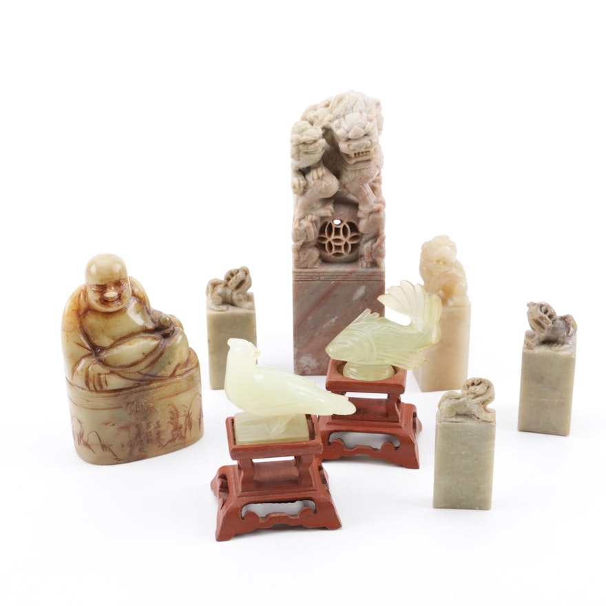 Chinese Carved Soapstone Guardian Lion and Budai Seals with Bowenite Figurines