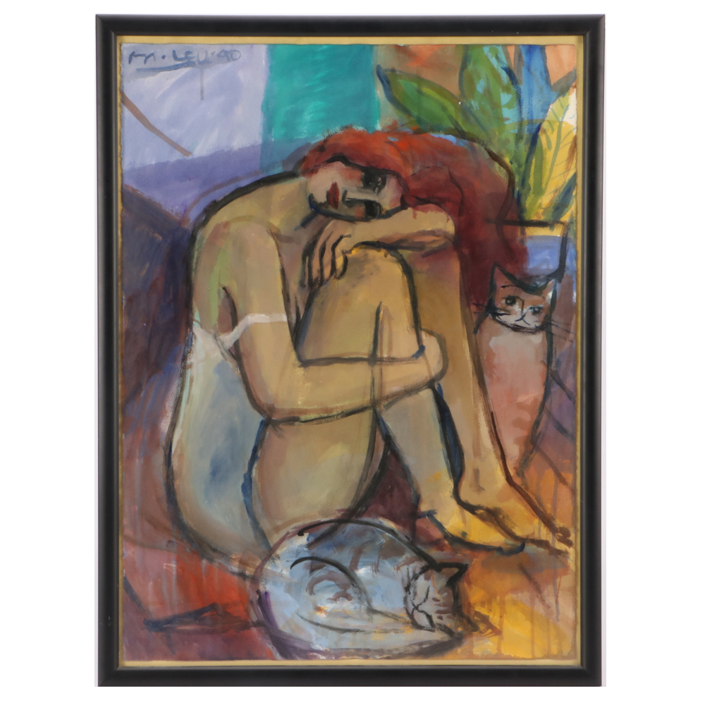 Michael Leu Watercolor Painting of Woman and Cat