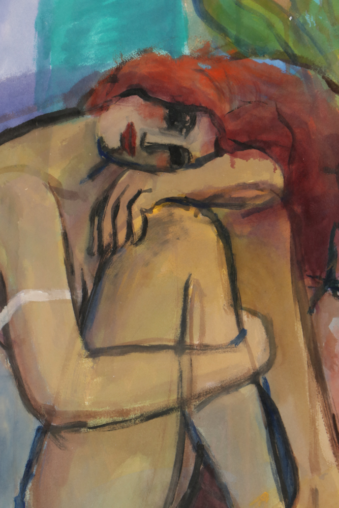 Michael Leu Watercolor Painting of Woman and Cat