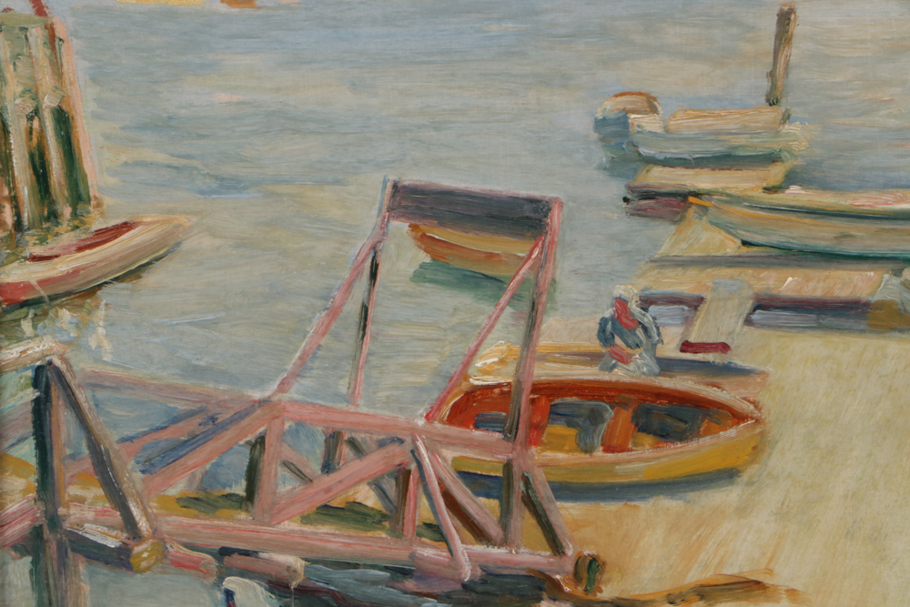 John Rettig Impressionist Oil Painting "Yacht Yard Landing - Marblehead, Mass."