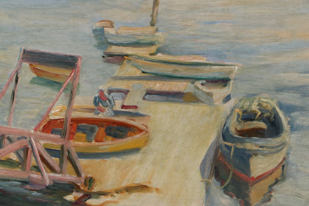 John Rettig Impressionist Oil Painting "Yacht Yard Landing - Marblehead, Mass."