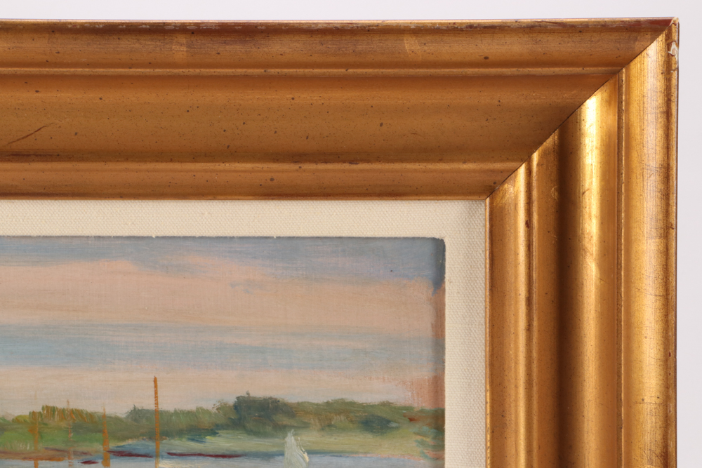 John Rettig Impressionist Oil Painting "Yacht Yard Landing - Marblehead, Mass."