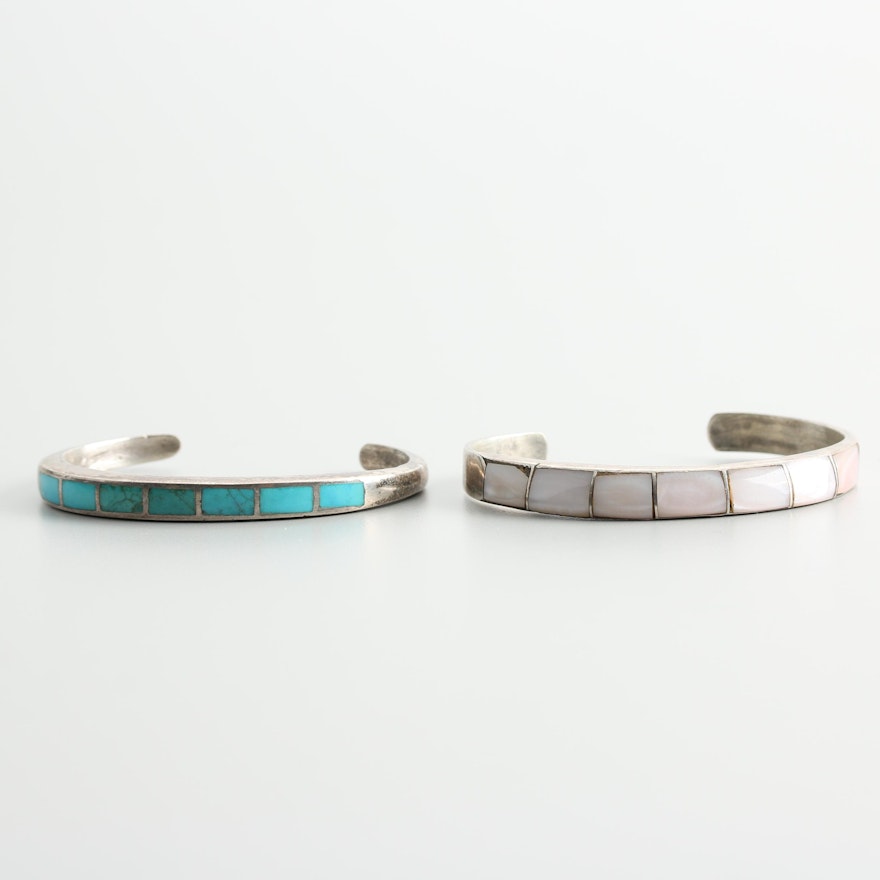 Sterling Silver Mother of Pearl and Stabilized Turquoise Cuff Bracelets