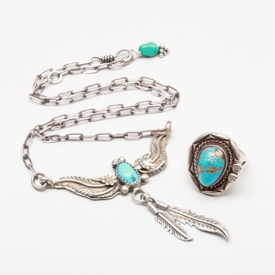Southwestern Style Sterling Silver Turquoise Necklace and Ring