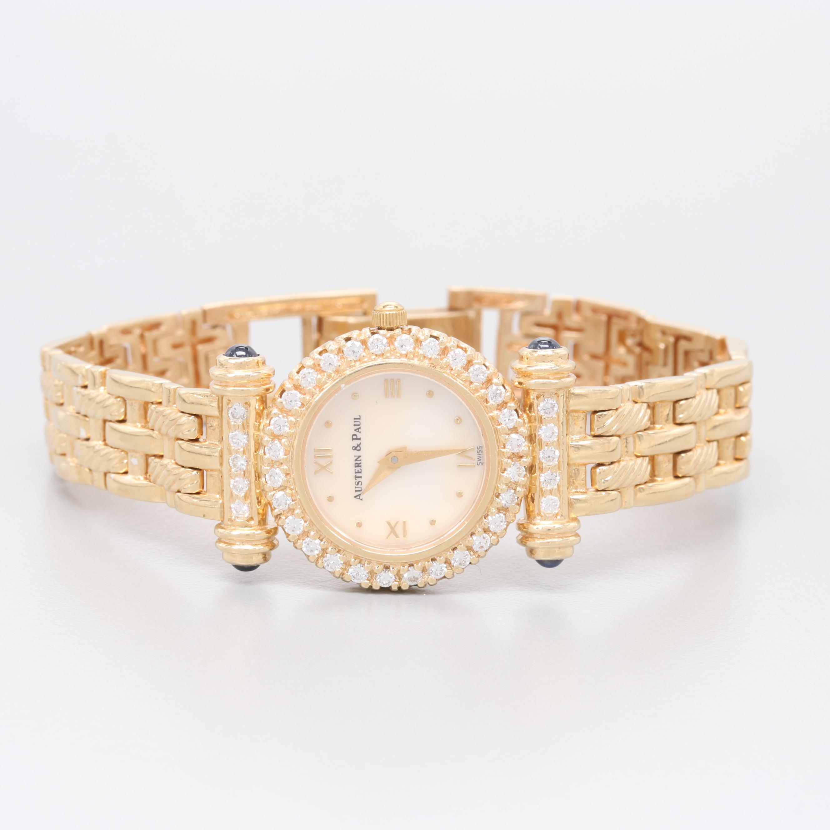 Austern & Paul 14K Yellow Gold Diamond, Sapphire and Mother of Pearl Watch