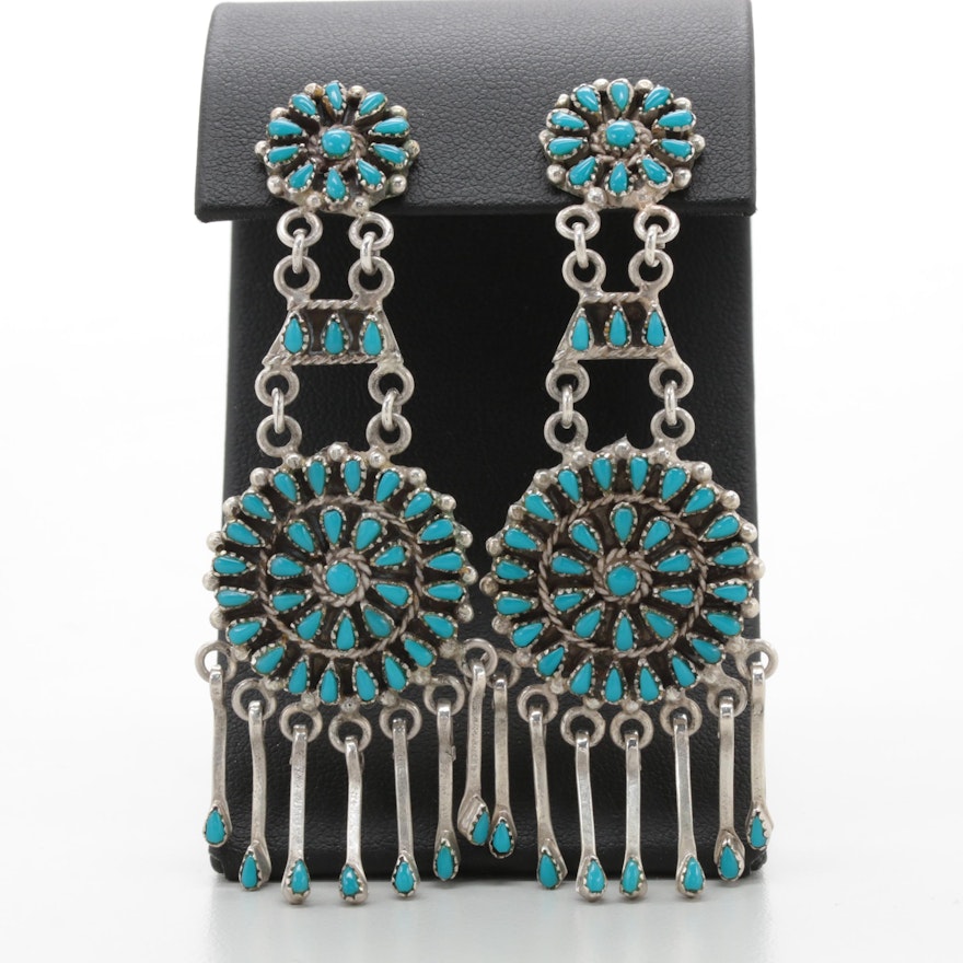 Southwestern Style Sterling Petite Point Cluster Turquoise Dangle Earrings