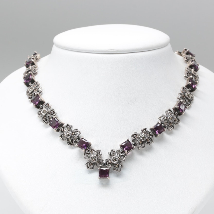 Sterling Silver Amethyst and Marcasite Necklace