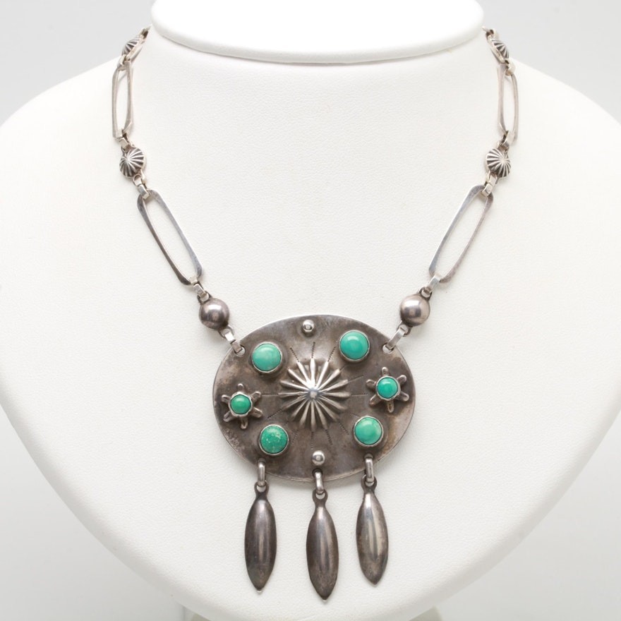 Southwestern Style Sterling Silver Turquoise Handmade Necklace