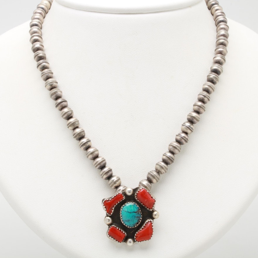 Victor Hicks Navajo Diné Sterling Silver Turquoise and Coral Pendant Necklace