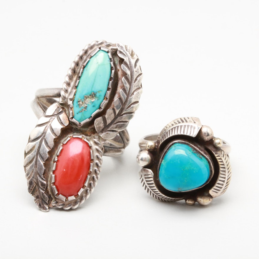 Southwestern Style Sterling Silver Turquoise and Coral Rings