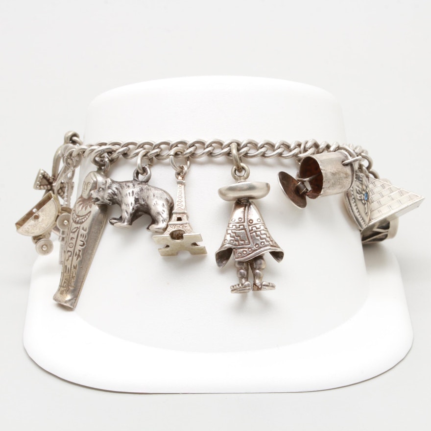 Silver Tone Charm Bracelet Including 800 and Sterling Silver Charms