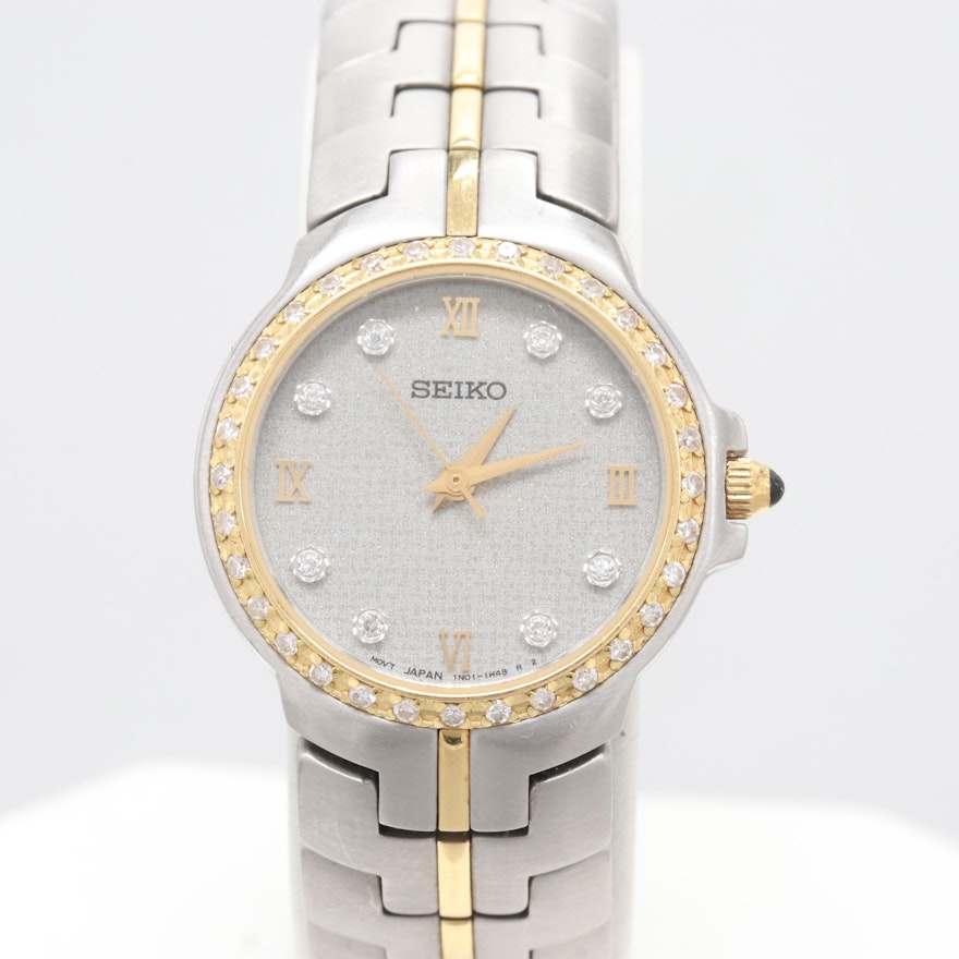 Seiko 18K Yellow Gold and Stainless Steel Diamond Wristwatch
