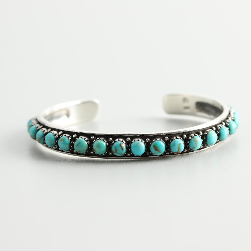 Southwestern Style Sterling Silver Turquoise Line Cuff Bracelet