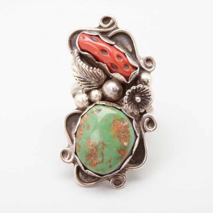 Southwestern Style Sterling Silver Turquoise and Coral Applique Ring