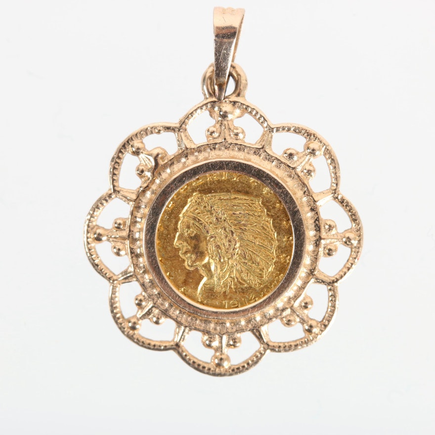 14K Yellow Gold Pendant with 10K Replica Indian Head $5 Gold Coin