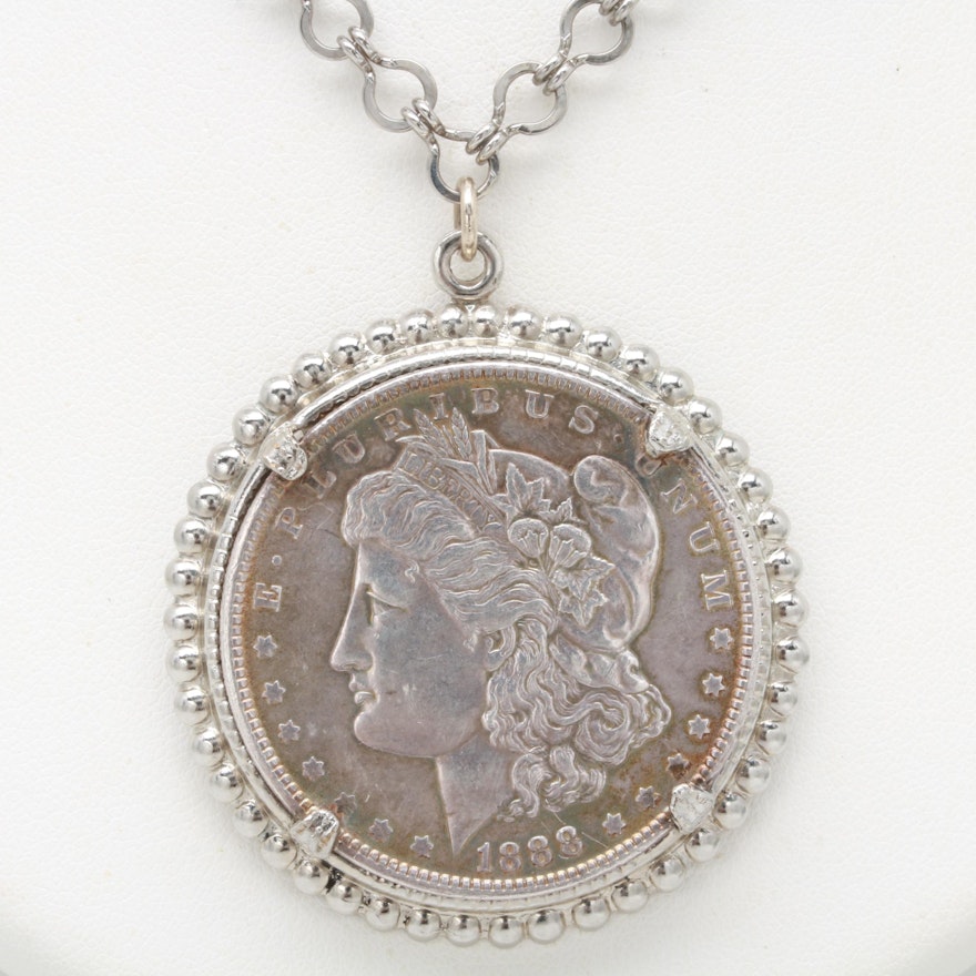 Silver Tone Necklace and Pendant with 1888 Morgan Silver Dollar
