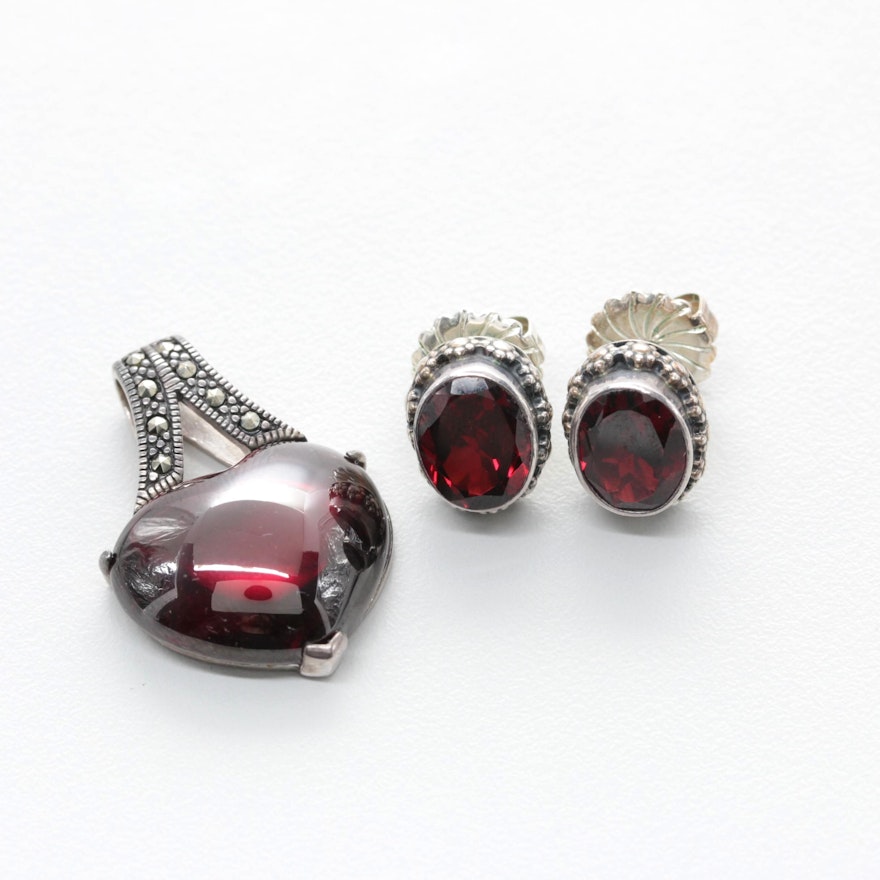 Sterling Silver Garnet and Marcasite Pendant and Earrings