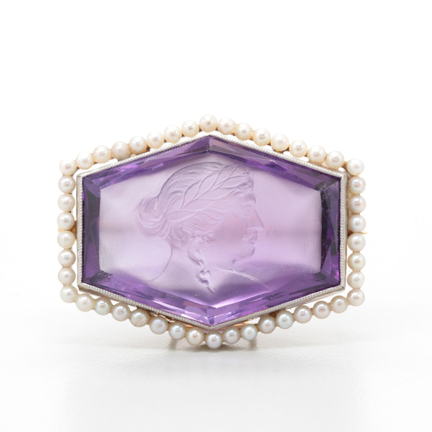 18K Yellow Gold Carved Amethyst Brooch