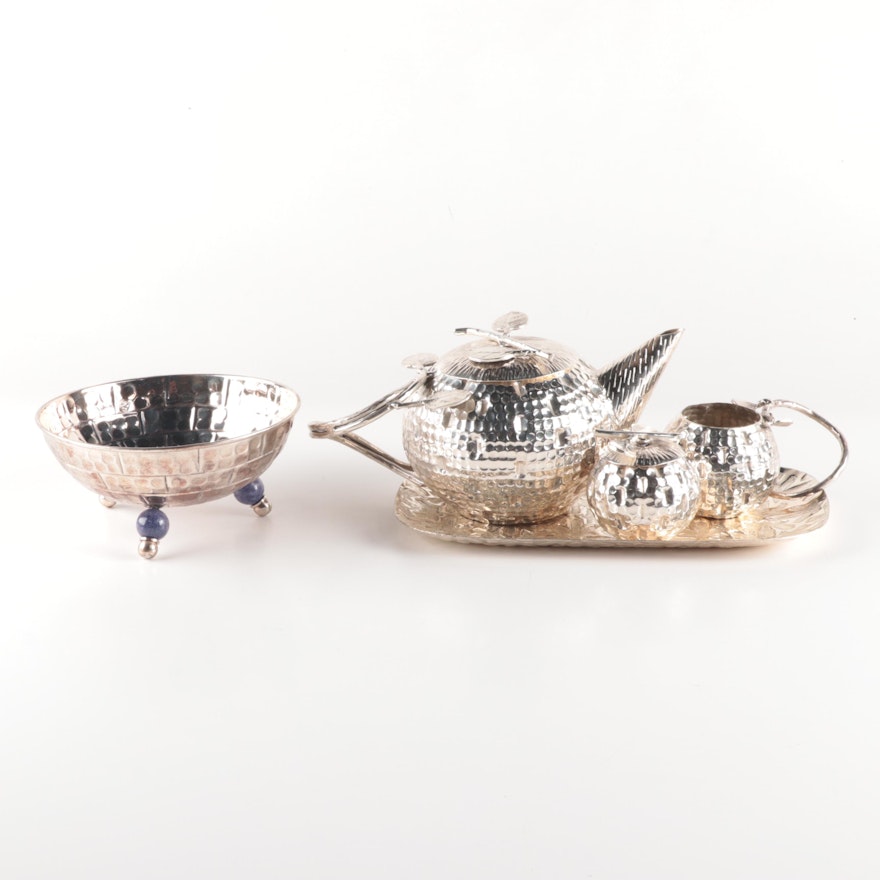 Taneez Pakistani Silver Plate Four-Piece Tea Set and Footed Bowl