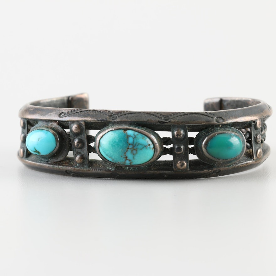 Old Pawn Southwestern Style Sterling Silver Turquoise Handmade Cuff Bracelet