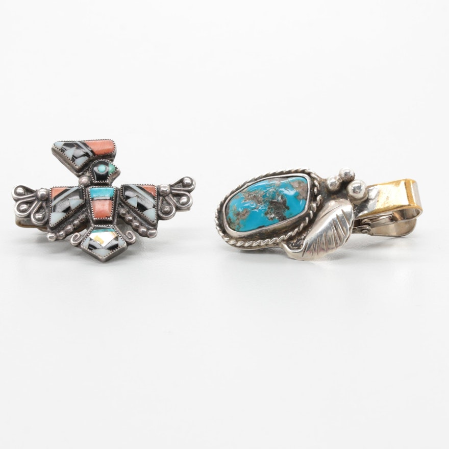 Southwestern Style Sterling Silver Tie Clip Assortment with Turquoise and Coral