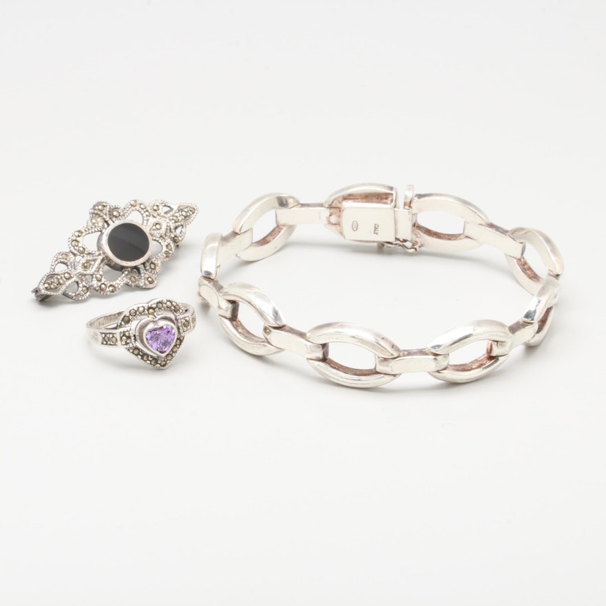 Sterling Silver Marcasite, Onyx and Purple Cubic Zirconia Jewelry Selection